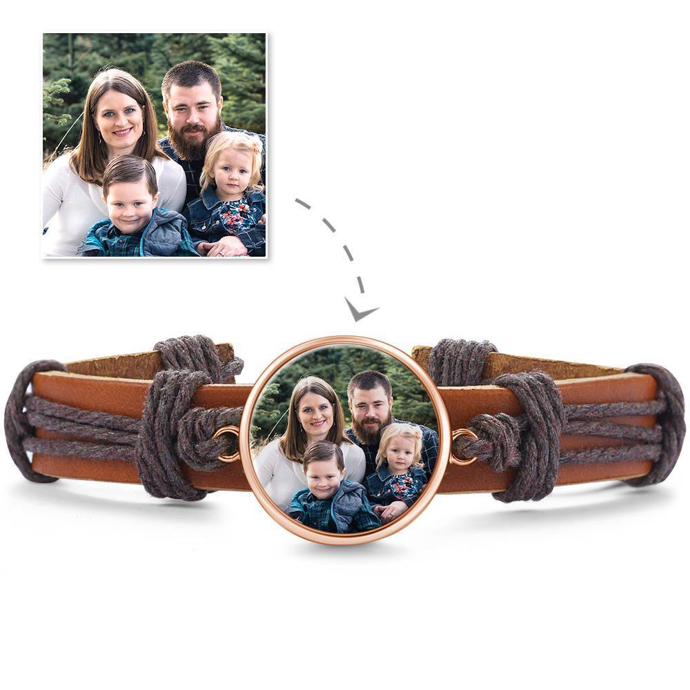 Bracelet Personnalisé Bracelet Photo, Cadeau Souvenir En Cuir Marron De Forme Carrée Plaqué Or Rose - Coloré