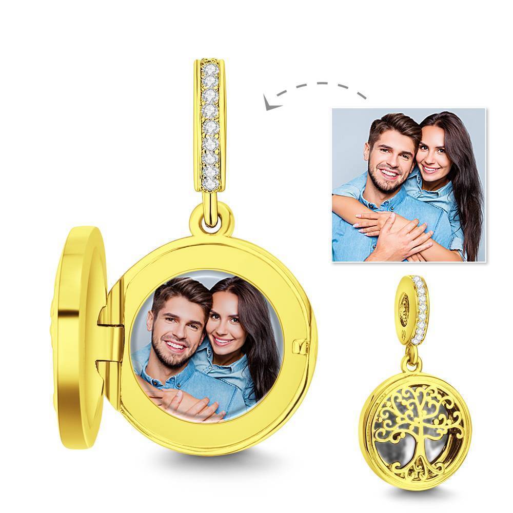 Arbre De Famille Photo Stopper Charm 14k Plaqué Or