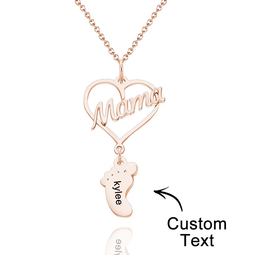 Collier Prénom Gravé Personnalisé Love Mama Heart Baby Feet Charm - soufeelfr
