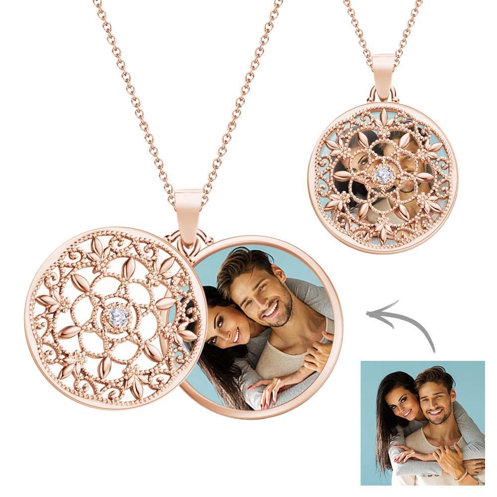 Collier Photo Personnalisé, Médaillon Rond Pivotant Orné, Cadeaux De Couple - soufeelfr