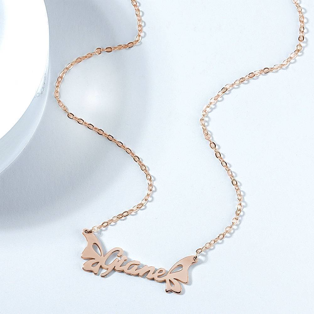 Collier Prenom Collier Prénom Personnalisé, Collier Papillon - Or Rose