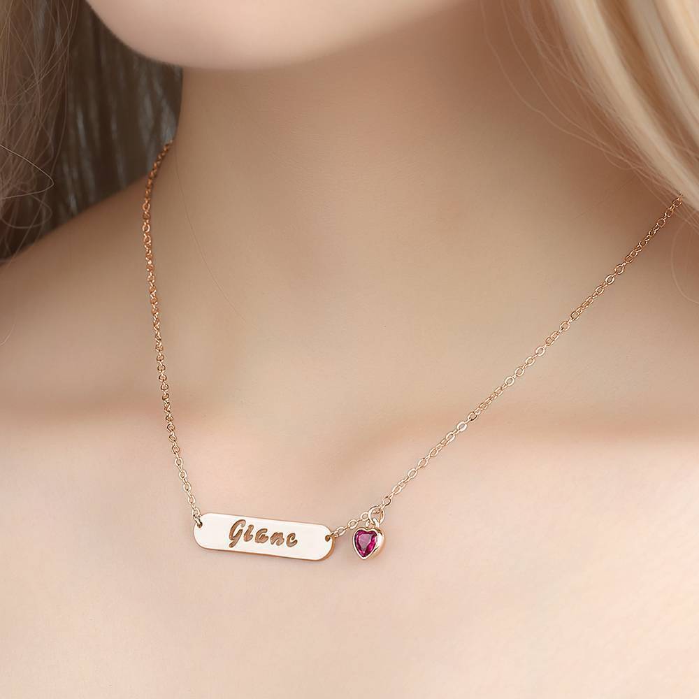 Collier Prenom Collier Prénom Sculpté Creux De Barre Avec Pierre De Naissance Personnalisé, Cadeau Unique Plaqué En Or Rose
