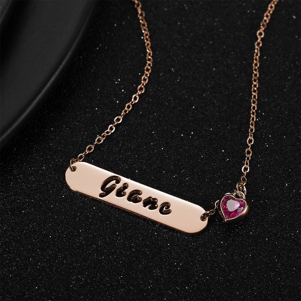 Collier Prenom Collier Prénom Sculpté Creux De Barre Avec Pierre De Naissance Personnalisé, Cadeau Unique Plaqué En Or Rose