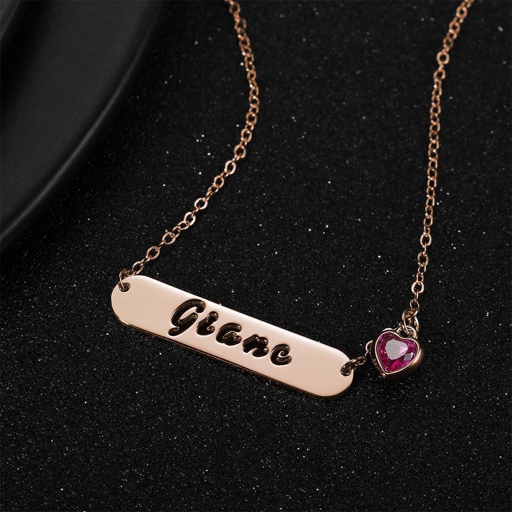 Collier Prenom Collier Prénom  Sculpté Creux De Barre Avec Pierre De Naissance Personnalisé, Cadeau Unique Plaqué En Or Rose