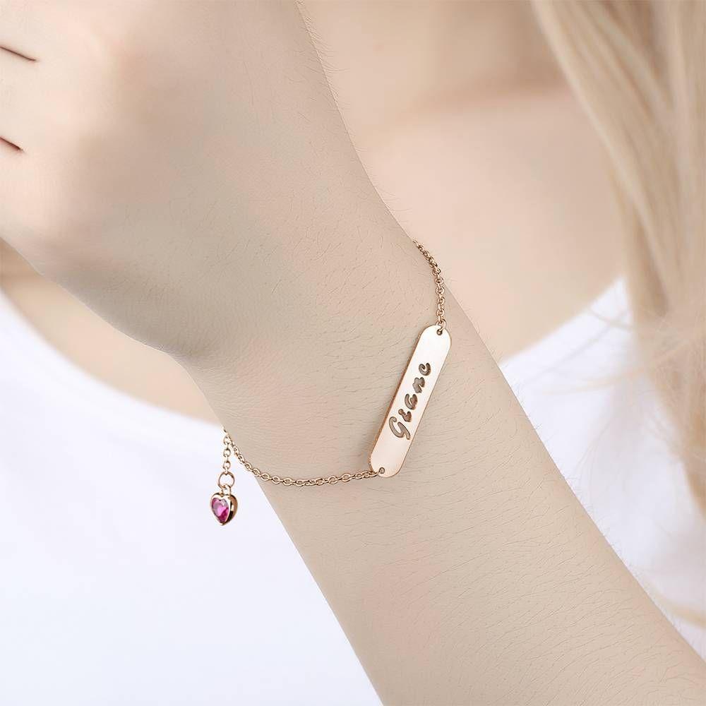 Bracelet Personnalisé Bracelet De Prénom Sculpté Creux De Barre Avec La Pierre De Naissance Personnalisé, Cadeau Unique Plaqué Or Rose