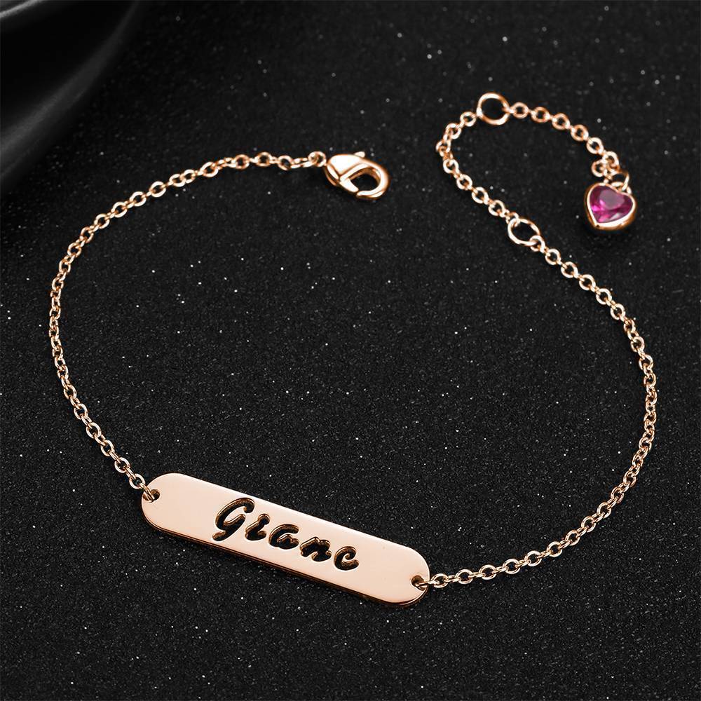 Bracelet Personnalisé Bracelet De Prénom Sculpté Creux De Barre Avec La Pierre De Naissance Personnalisé, Cadeau Unique Plaqué Or Rose