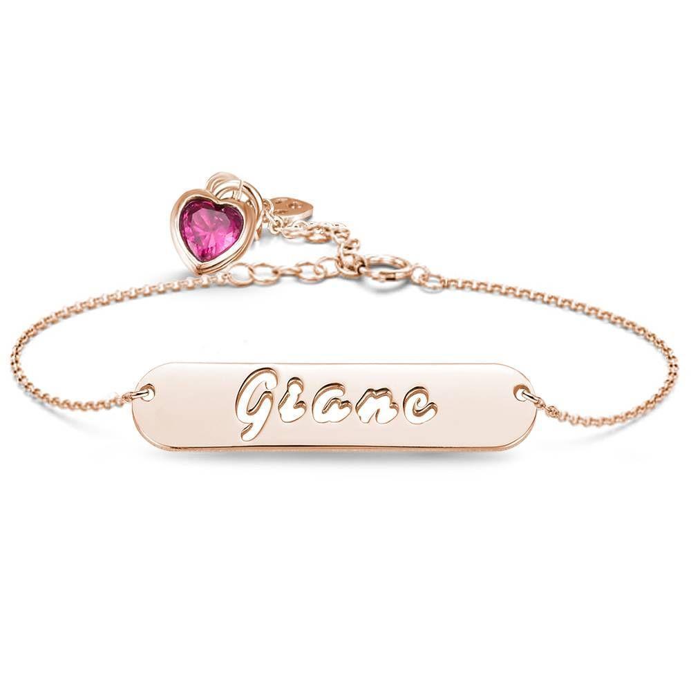 Bracelet Personnalisé Bracelet De Prénom Sculpté Creux De Barre Avec La Pierre De Naissance Personnalisé, Cadeau Unique Plaqué Or Rose