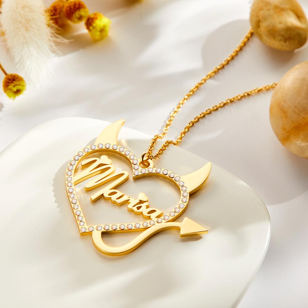 Collier Prenom Collier Gravé Personnalisé Diable Forme Strass Cadeaux Creux