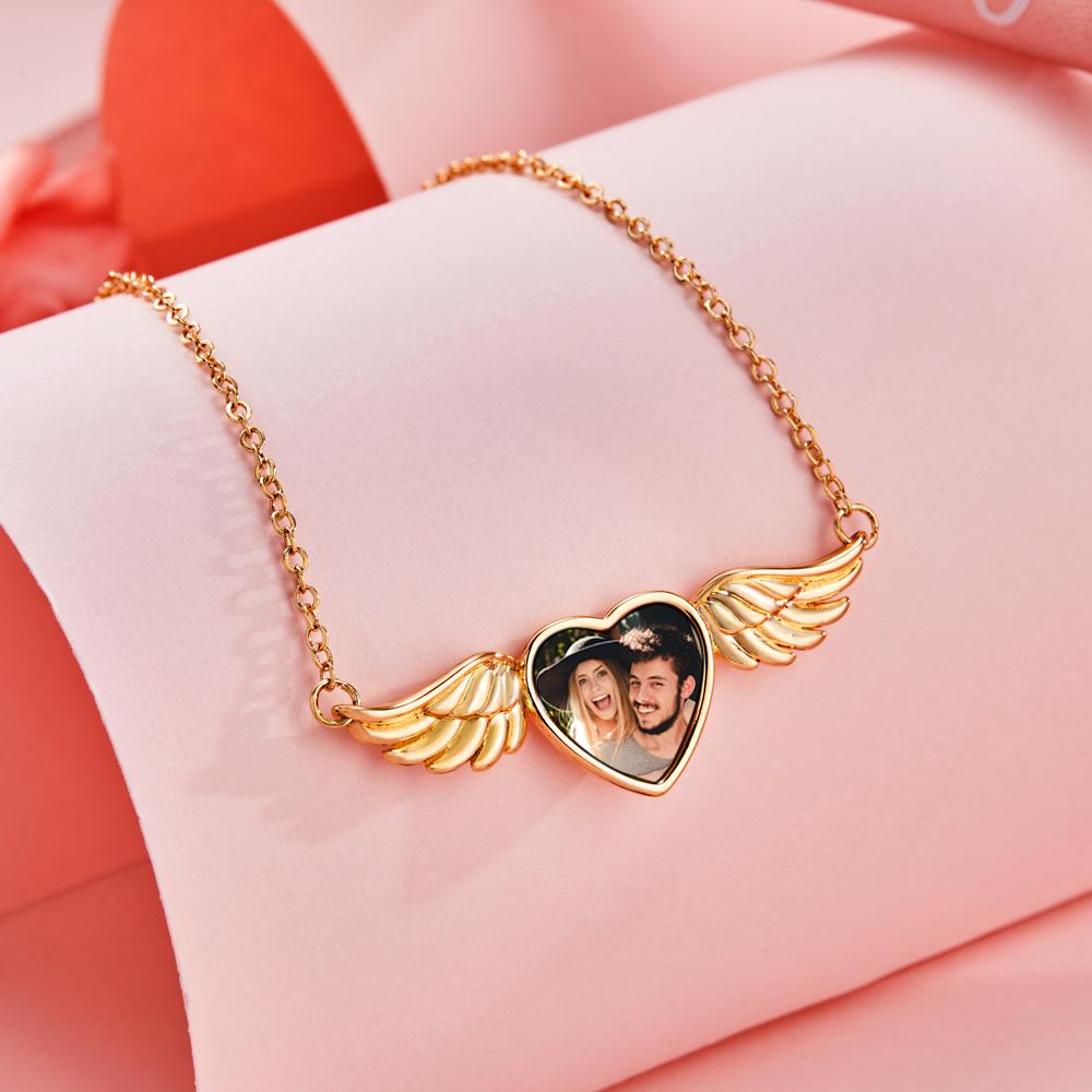 Collier Photo Personnalisé Gravé Ailes D'amour Ange Couple Cadeaux - soufeelfr