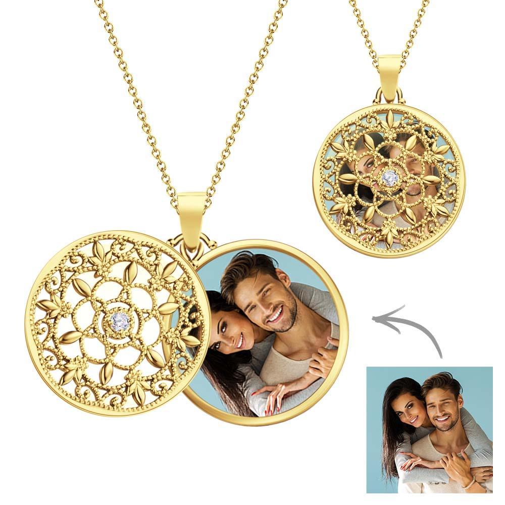 Collier Photo Personnalisé, Médaillon Rond Pivotant Orné, Cadeaux De Couple - soufeelfr