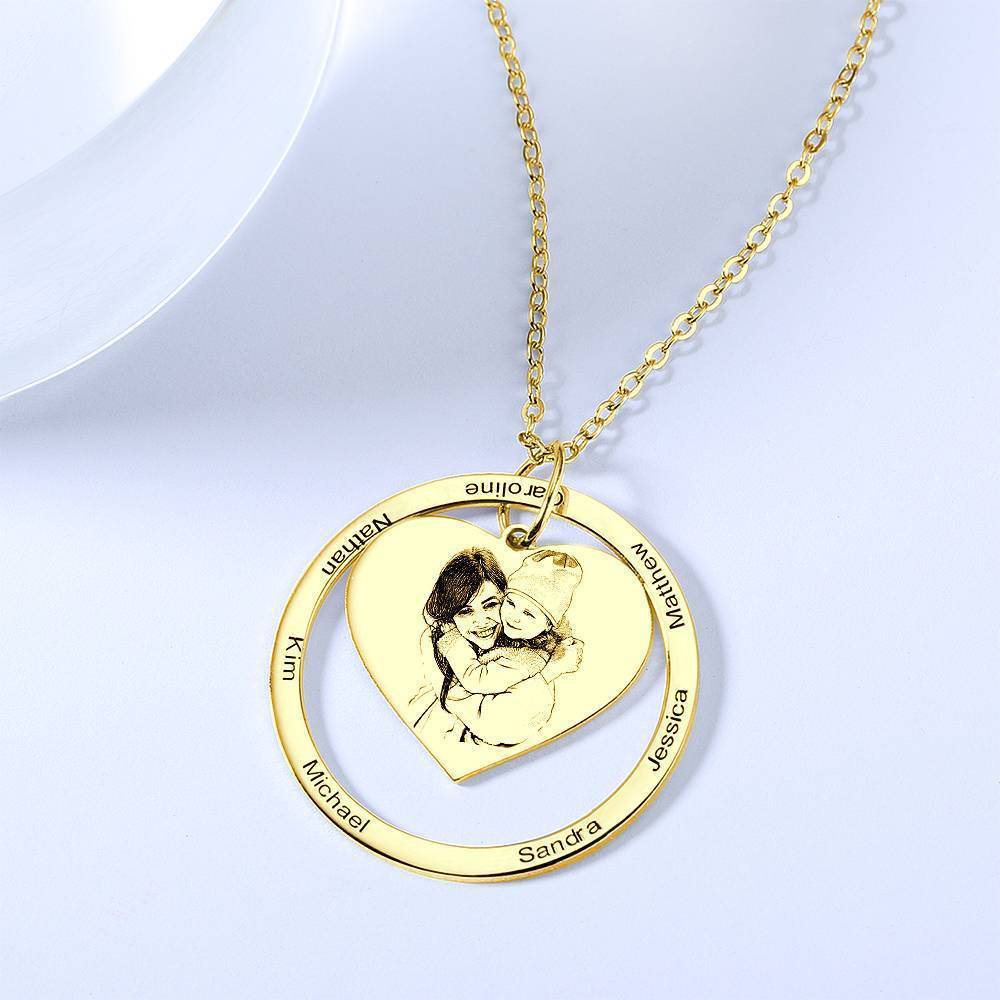 Collier Photo Gravé Coeur En Pendentif Rond, Collier Famille Plaqué Or 14 K - Doré