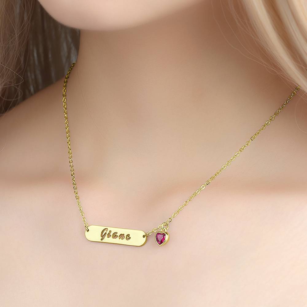 Collier Prenom Creux Sculpté Barre Nom Collier Avec Pierre De Naissance Personnalisé, Cadeau Unique Plaqué En Or 14k - Doré