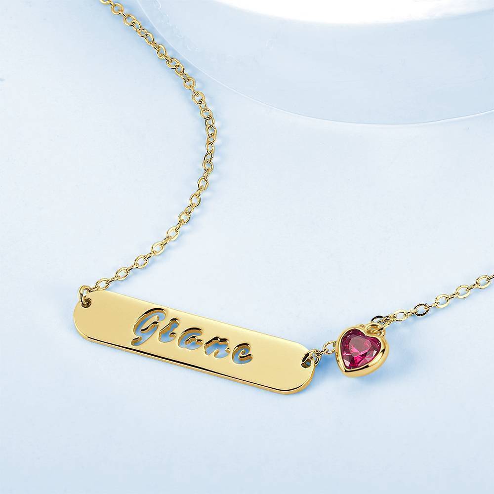 Collier Prenom Creux Sculpté Barre Nom Collier Avec Pierre De Naissance Personnalisé, Cadeau Unique Plaqué En Or 14k - Doré