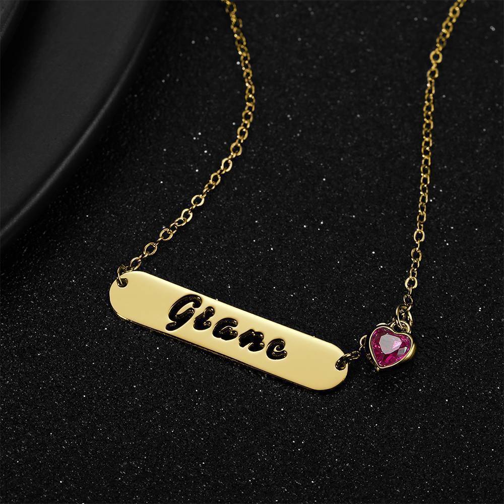 Collier Prenom Creux  Sculpté Barre Nom Collier Avec Pierre De Naissance Personnalisé, Cadeau Unique Plaqué En Or 14k - Doré