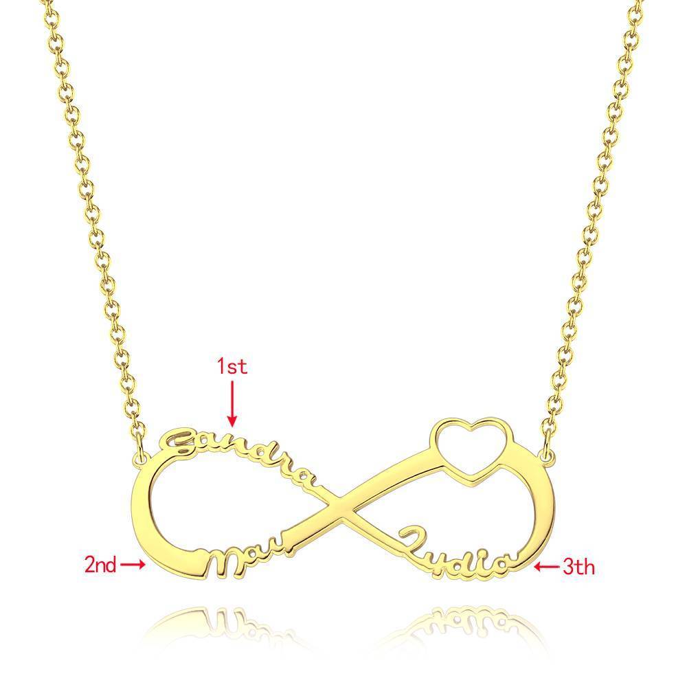 Collier Prenom Collier Prénom  Coeur Infini Trois Noms , Cadeau Pour Ami Plaqué En Or 14k - Doré