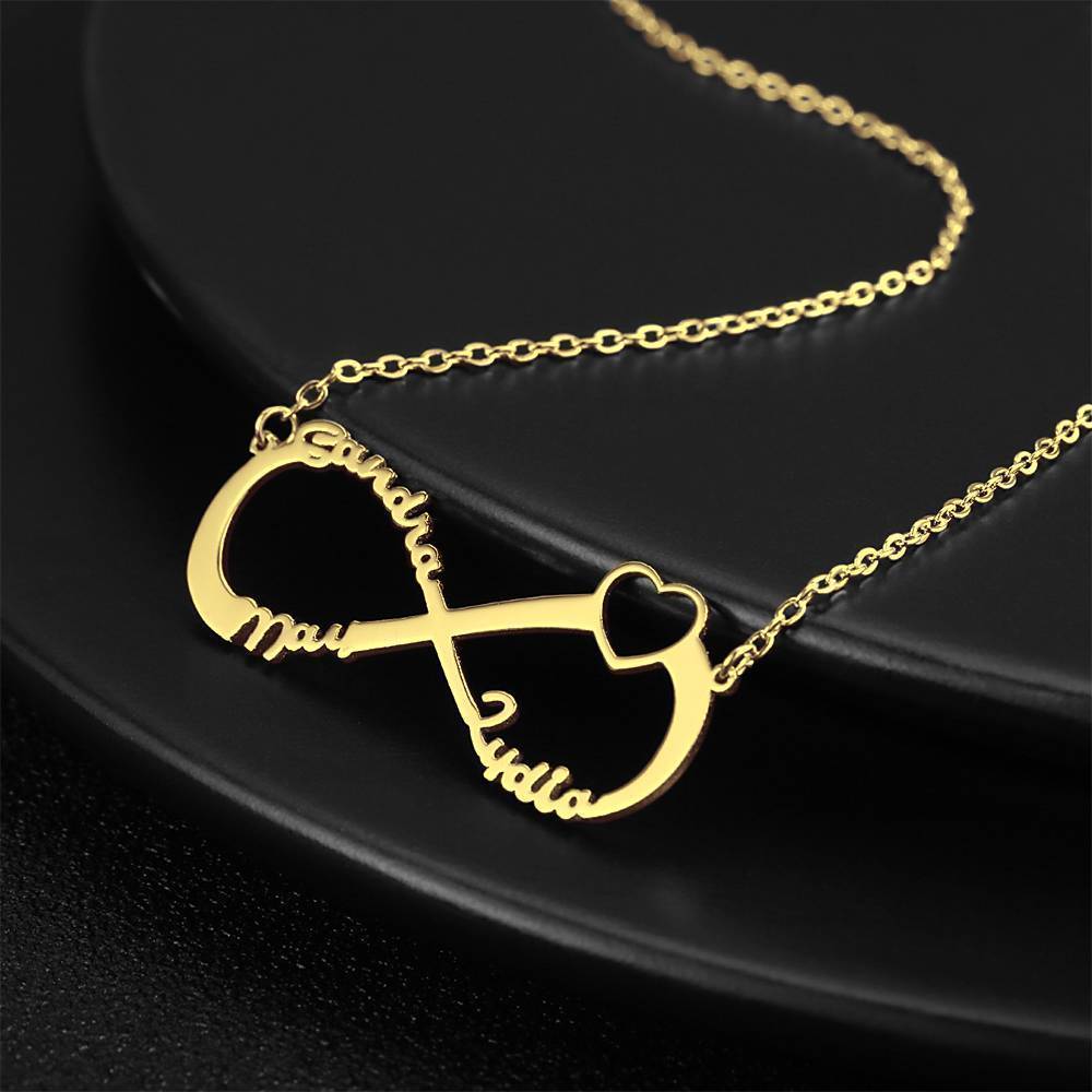 Collier Prenom Collier Prénom  Coeur Infini Trois Noms , Cadeau Pour Ami Plaqué En Or 14k - Doré