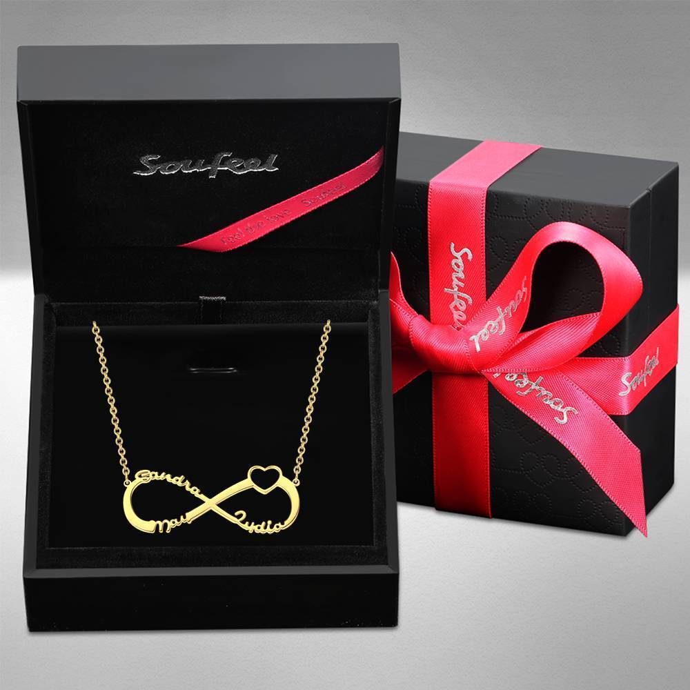 Collier Prenom Collier Prénom  Coeur Infini Trois Noms , Cadeau Pour Ami Plaqué En Or 14k - Doré