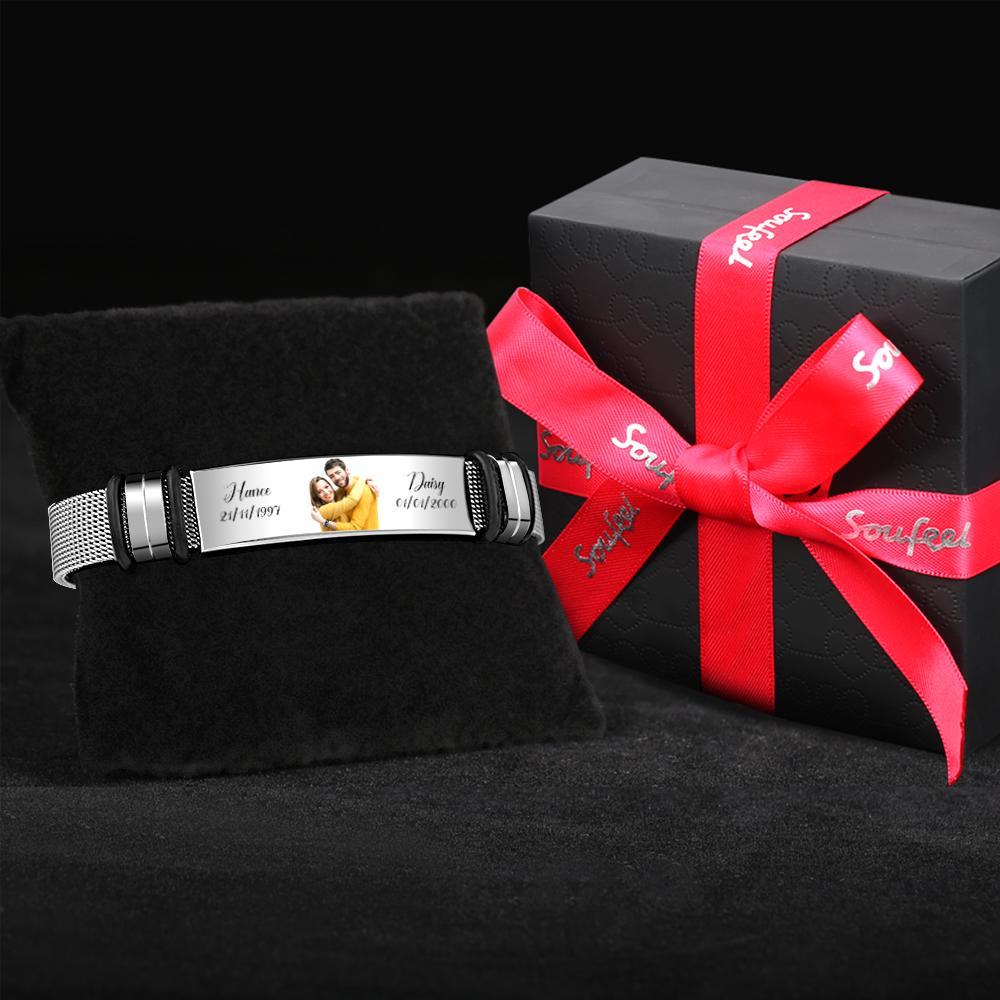 Bracelet Homme En Acier Inoxydable Personnalisé Avec Deux Date Et Nom Personnalisés Filtre Noir Gravé Meilleurs Cadeaux Pour Les Couples - soufeelfr