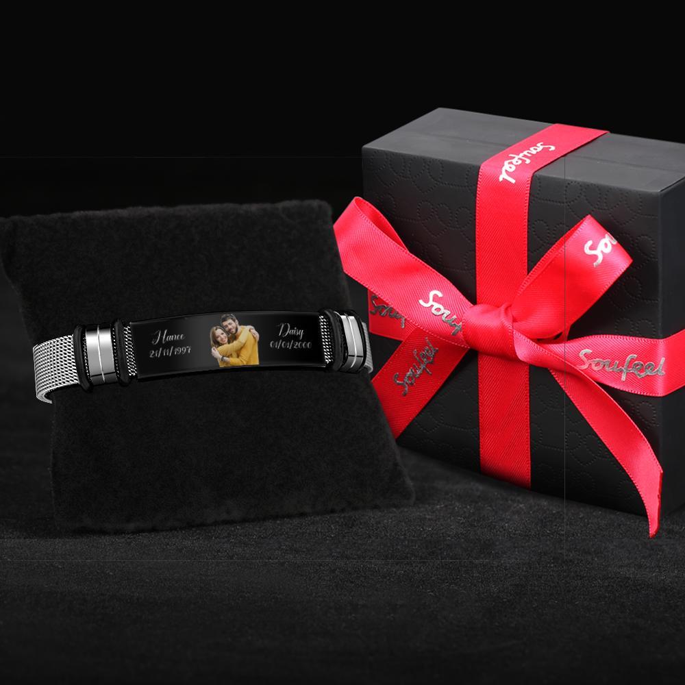 Bracelet Homme En Acier Inoxydable Personnalisé Avec Deux Date Et Nom Personnalisés Filtre Noir Gravé Meilleurs Cadeaux Pour Les Couples - soufeelfr