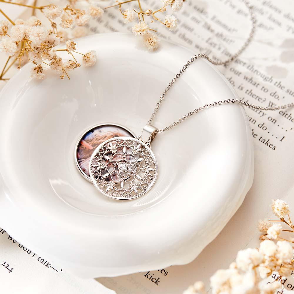 Collier Photo Personnalisé, Médaillon Rond Pivotant Orné, Cadeaux De Couple - soufeelfr