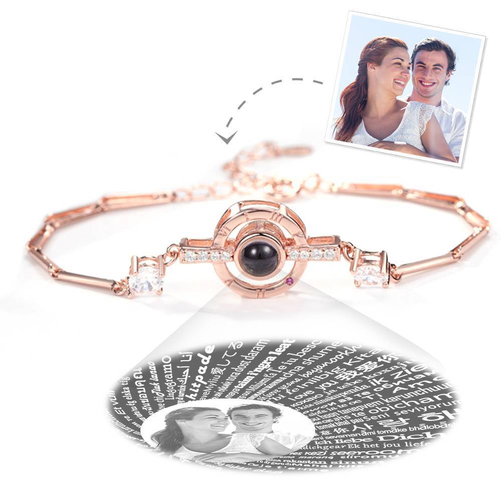 Bracelet Personnalisé Je T'aime En 100 Langues Bracelet   Or Rose Plaqué-argent Photo Projection Gravé Ronde