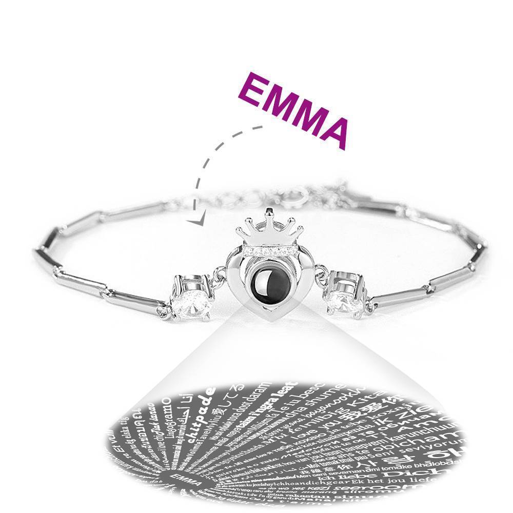 Bracelet Personnalisé Je T'aime En 100 Langues Bracelet Argent  Projection Gravé Couronne Avec C?ur