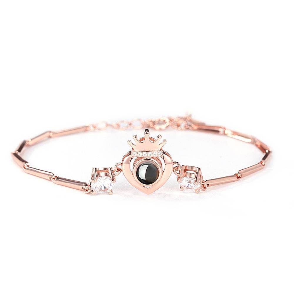 Bracelet Personnalisé Je T'aime En 100 Langues Bracelet Or Rose Plaqué-argent Projection Gravé Couronne Avec C?ur