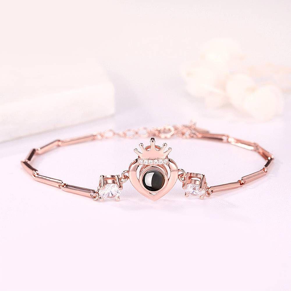 Bracelet Personnalisé Je T'aime En 100 Langues Bracelet Or Rose Plaqué-argent Projection Gravé Couronne Avec C?ur