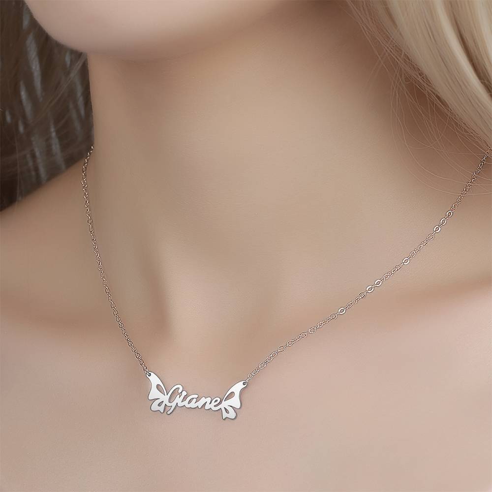 Collier Prenom Collier Prénom  Personnalisé, Collier Papillon - Argent