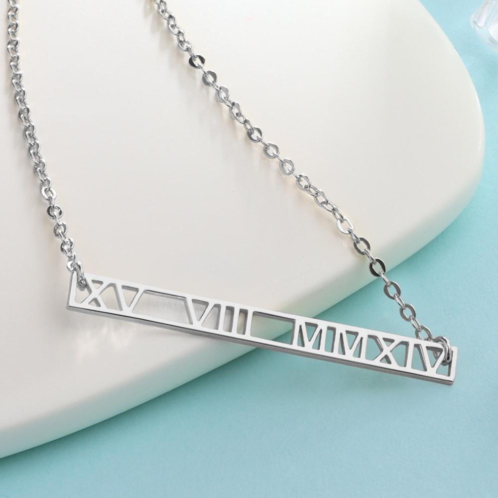 Collier Prenom Collier Chiffre Romain Collier Barre De Date Personnalisée Cadeaux Unique Plaqué Platine