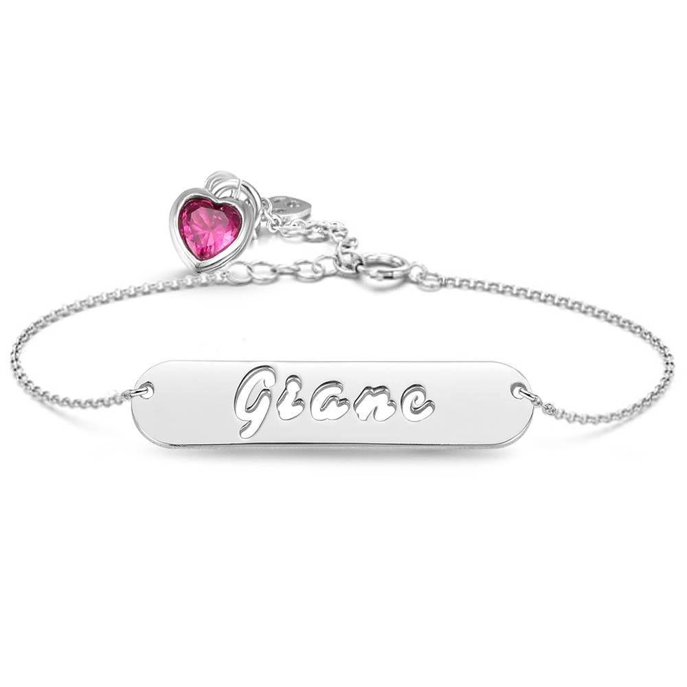 Bracelet Personnalisé Bracelet De Prénom Sculpté Creux De Barre Avec La Pierre De Naissance Personnalisé, Cadeau Unique Plaqué Or Rose