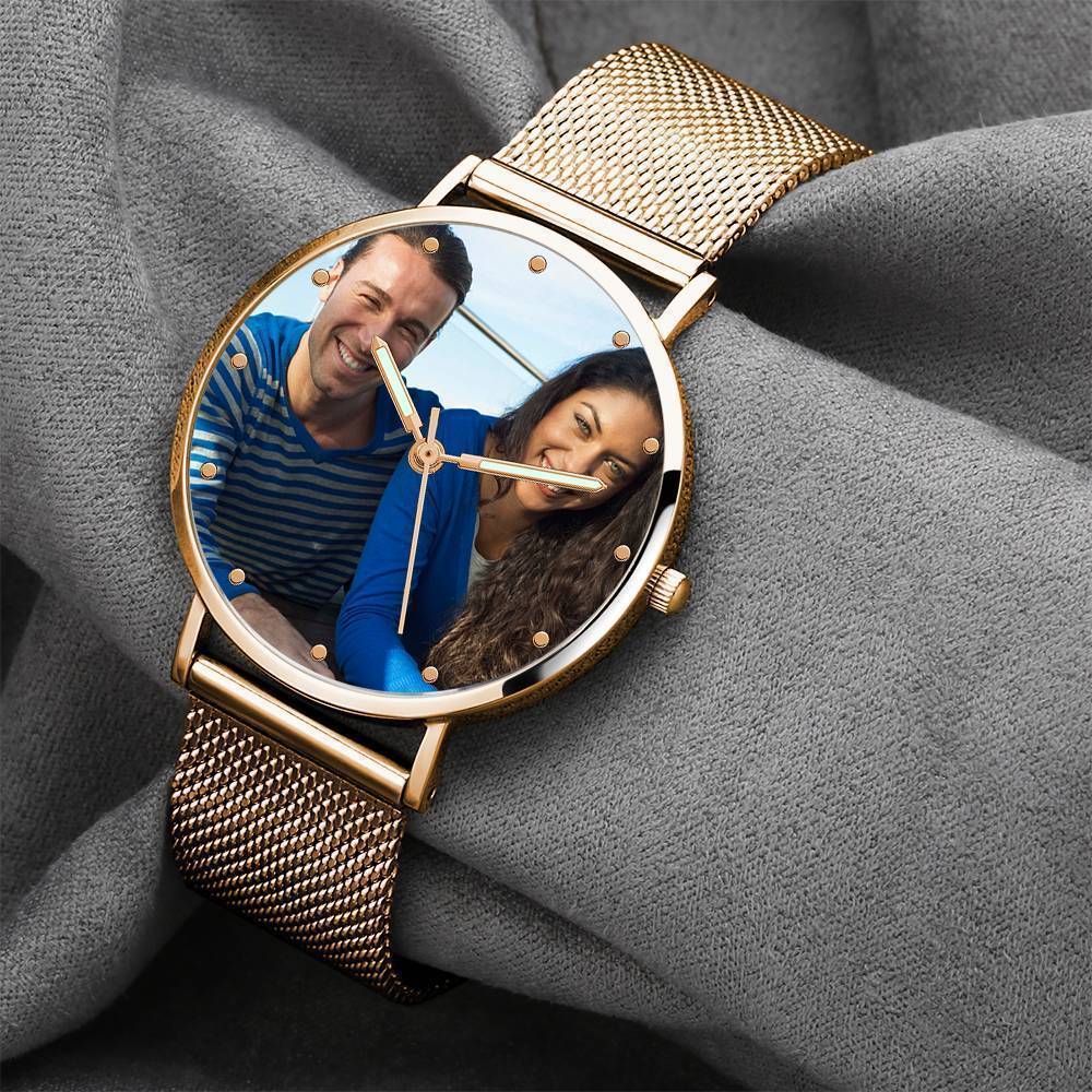 Bracelet Personnalisé Montre Photo Gravée Avec Bracelet En Alliage D'or Rose Et Pointeur Lumineux Montre Photo 40mm - Unisexe