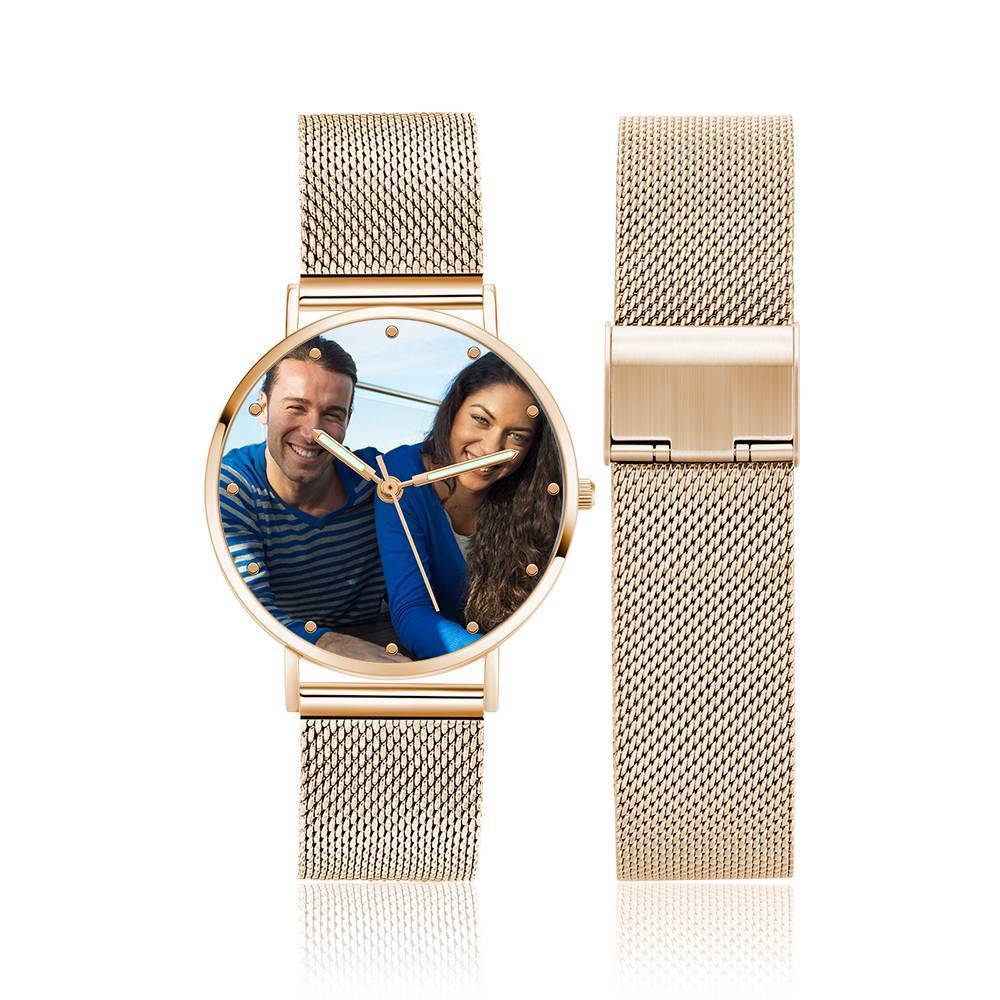 Bracelet Personnalisé Montre Photo Gravée Avec Bracelet En Alliage D'or Rose Et Pointeur Lumineux Montre Photo 40mm - Unisexe
