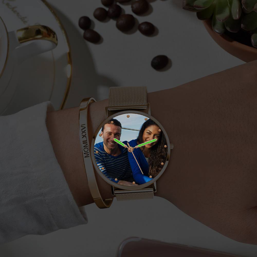 Bracelet Personnalisé Montre Photo Gravée Avec Bracelet En Alliage D'or Rose Et Pointeur Lumineux Montre Photo 40mm - Unisexe