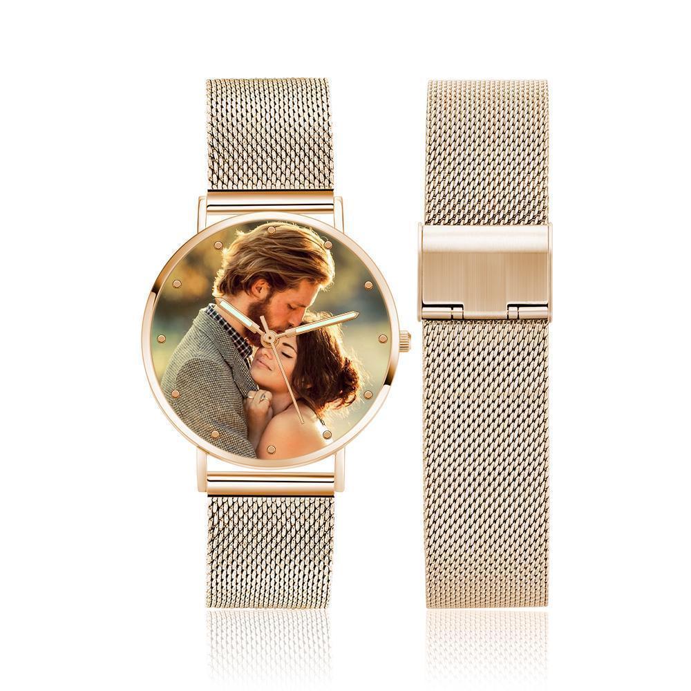 Bracelet Personnalisé Montre Photo Gravée Avec Pointeur Lumineux Bracelet En Alliage D'or Rose Montre Photo à Mon Homme Je T'aime 40mm