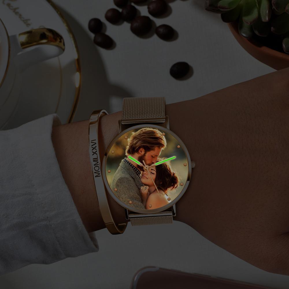 Bracelet Personnalisé Montre Photo Gravée Avec Pointeur Lumineux Bracelet En Alliage D'or Rose Montre Photo à Mon Homme Je T'aime 40mm