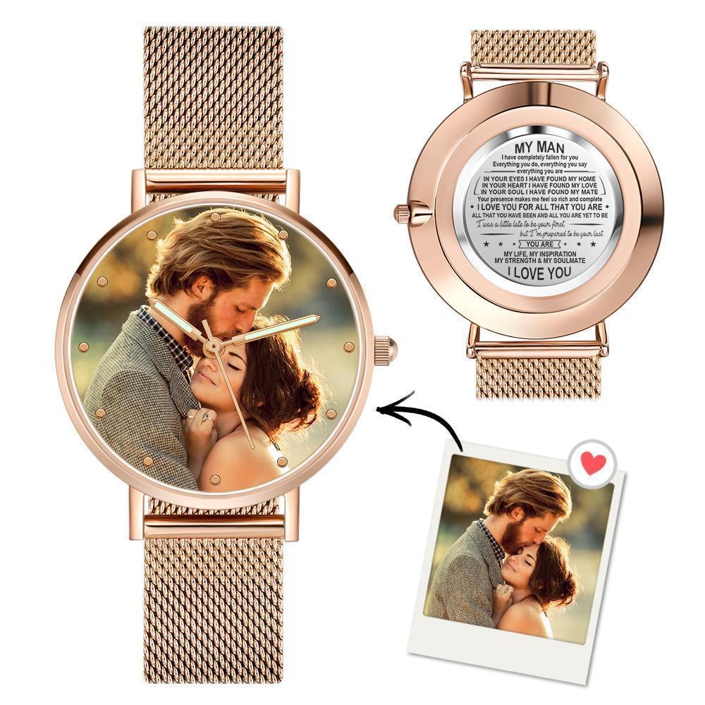 Bracelet Personnalisé Montre Photo Gravée Avec Pointeur Lumineux Bracelet En Alliage D'or Rose Montre Photo à Mon Homme Je T'aime 40mm