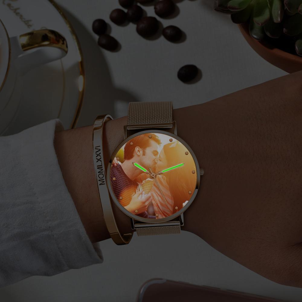 Bracelet Personnalisé Montre Photo Gravée Avec Pointeur Lumineux Bracelet En Alliage D'or Rose Montre Photo à Mon Futur Mari 40 Mm