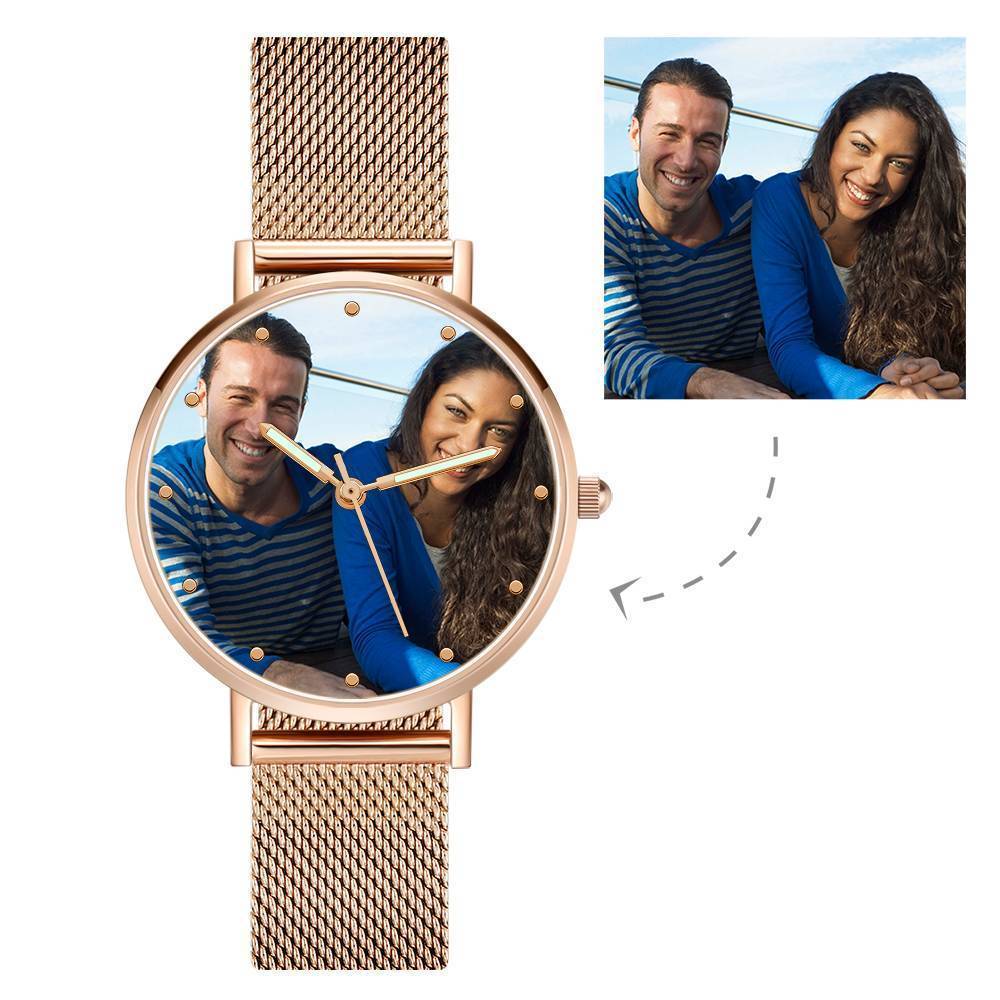 Bracelet Personnalisé Montre Photo Gravée Avec Bracelet En Alliage D'or Rose Et Pointeur Lumineux Montre Photo 40mm - Unisexe