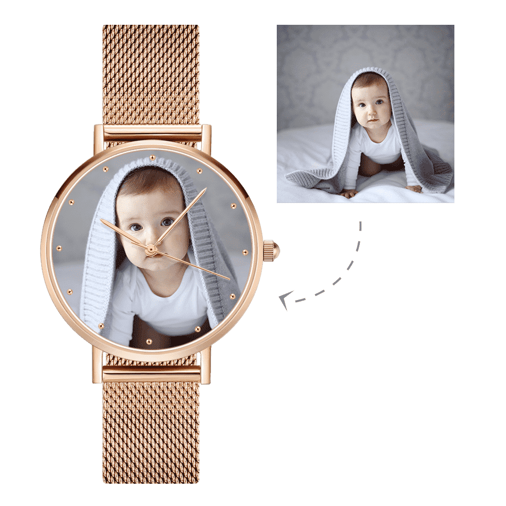 Gravable Montre Photo Femme Avec Bracelet Alliage Or Rosé 36mm