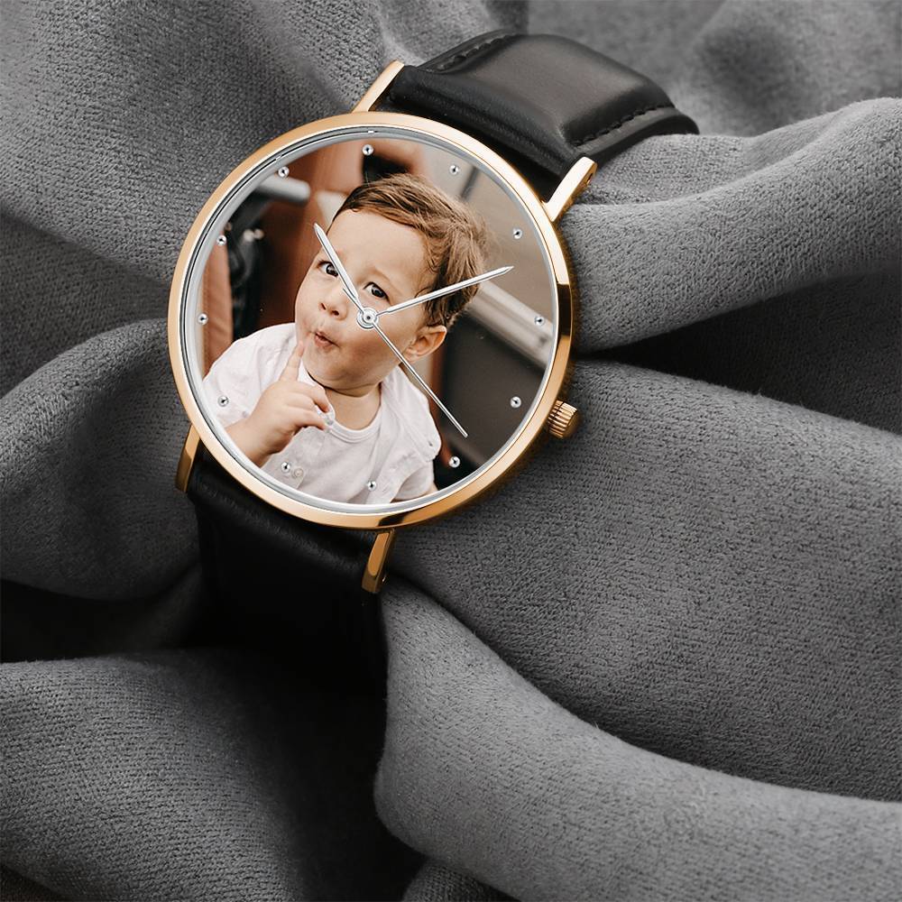 Montre Photo Gravée Bracelet En Cuir Noir Cadeau Souvenir - Unisexe