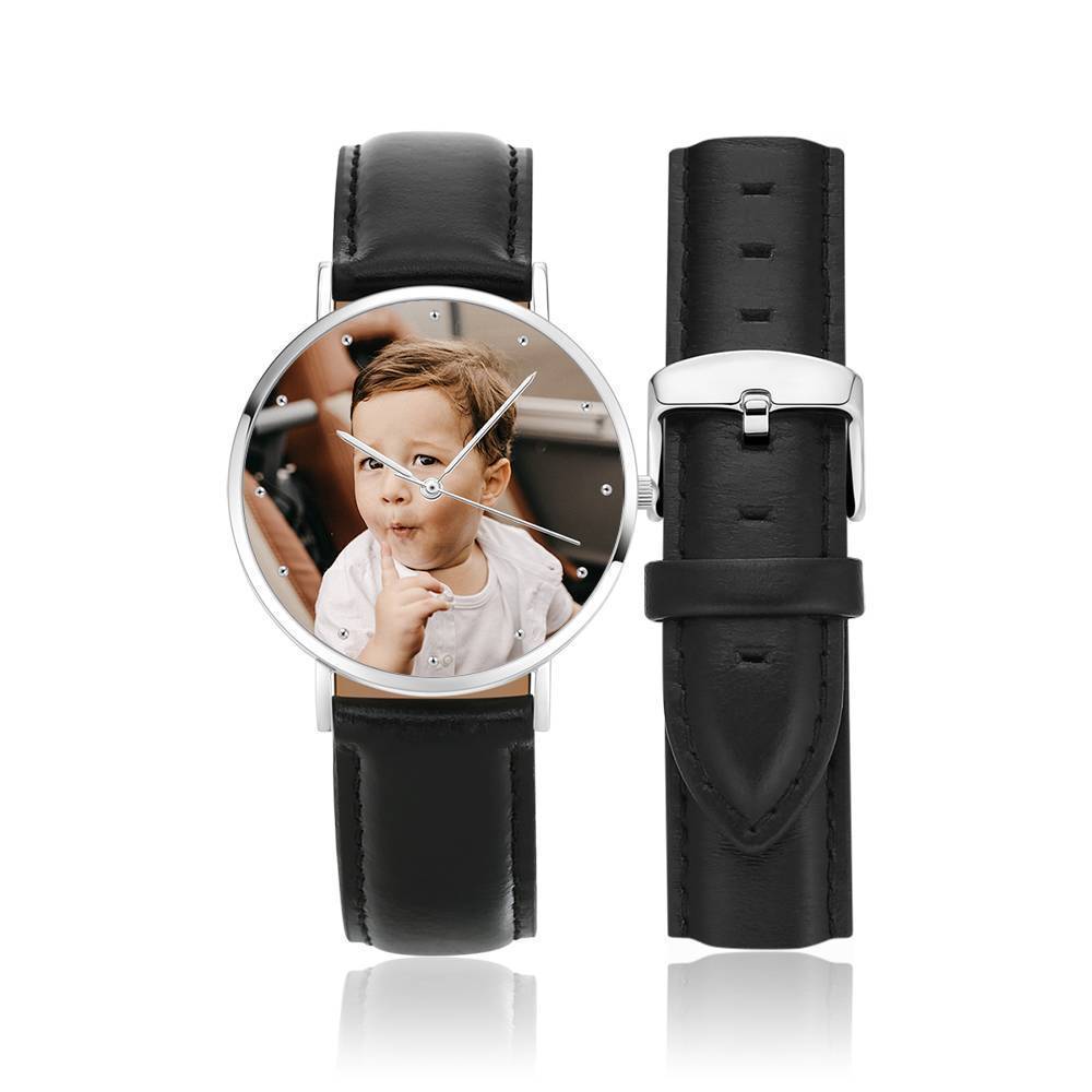 Montre Photo Gravée Bracelet En Cuir Noir Cadeau Souvenir - Unisexe