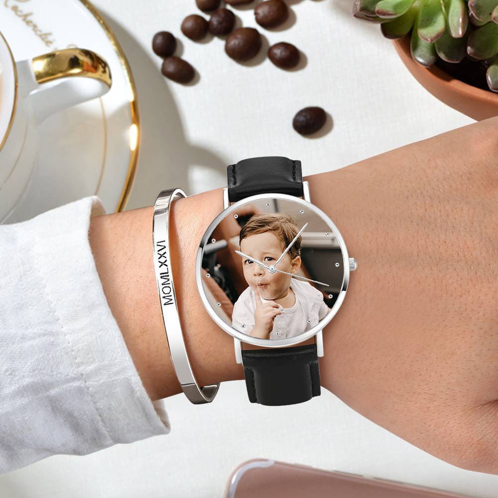 Montre Photo Gravée Bracelet En Cuir Noir Cadeau Souvenir - Unisexe