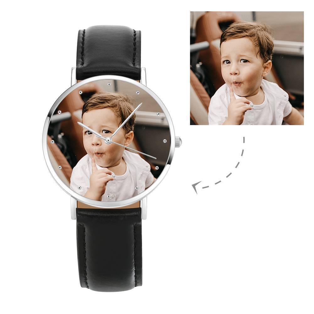 Montre Photo Gravée Bracelet En Cuir Noir Cadeau Souvenir - Unisexe