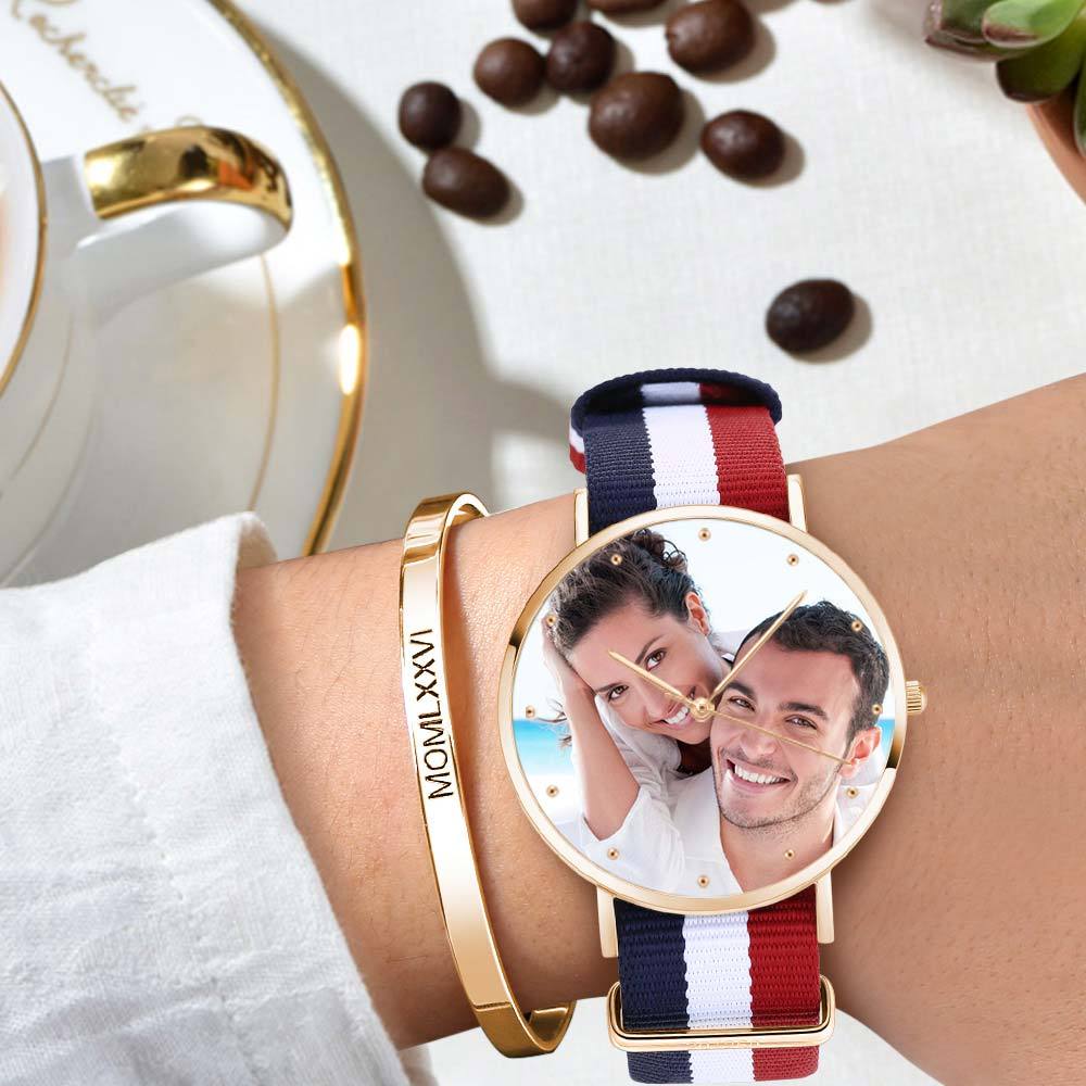 Gravable Montre Photo Unisexe Or Rosé Avec Bracelet Nylon Coloré 40mm