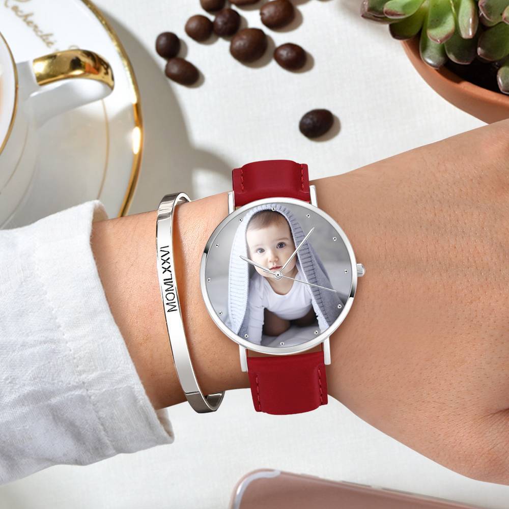 Gravable Montre Photo Femme Avec Bracelet Cuir Rouge 40mm