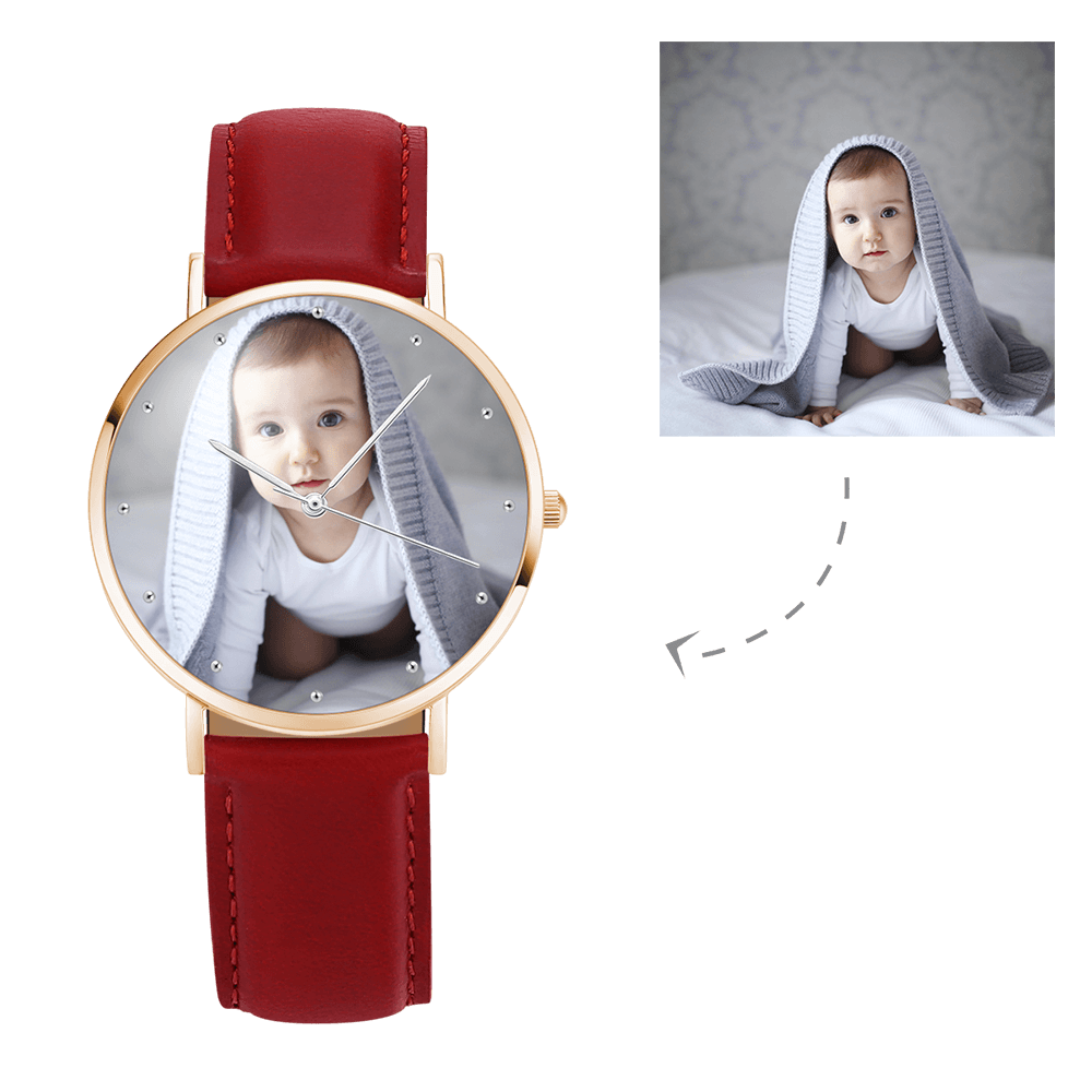 Gravable Montre Photo Femme Or Rosé Avec Bracelet Cuir Rouge 36mm