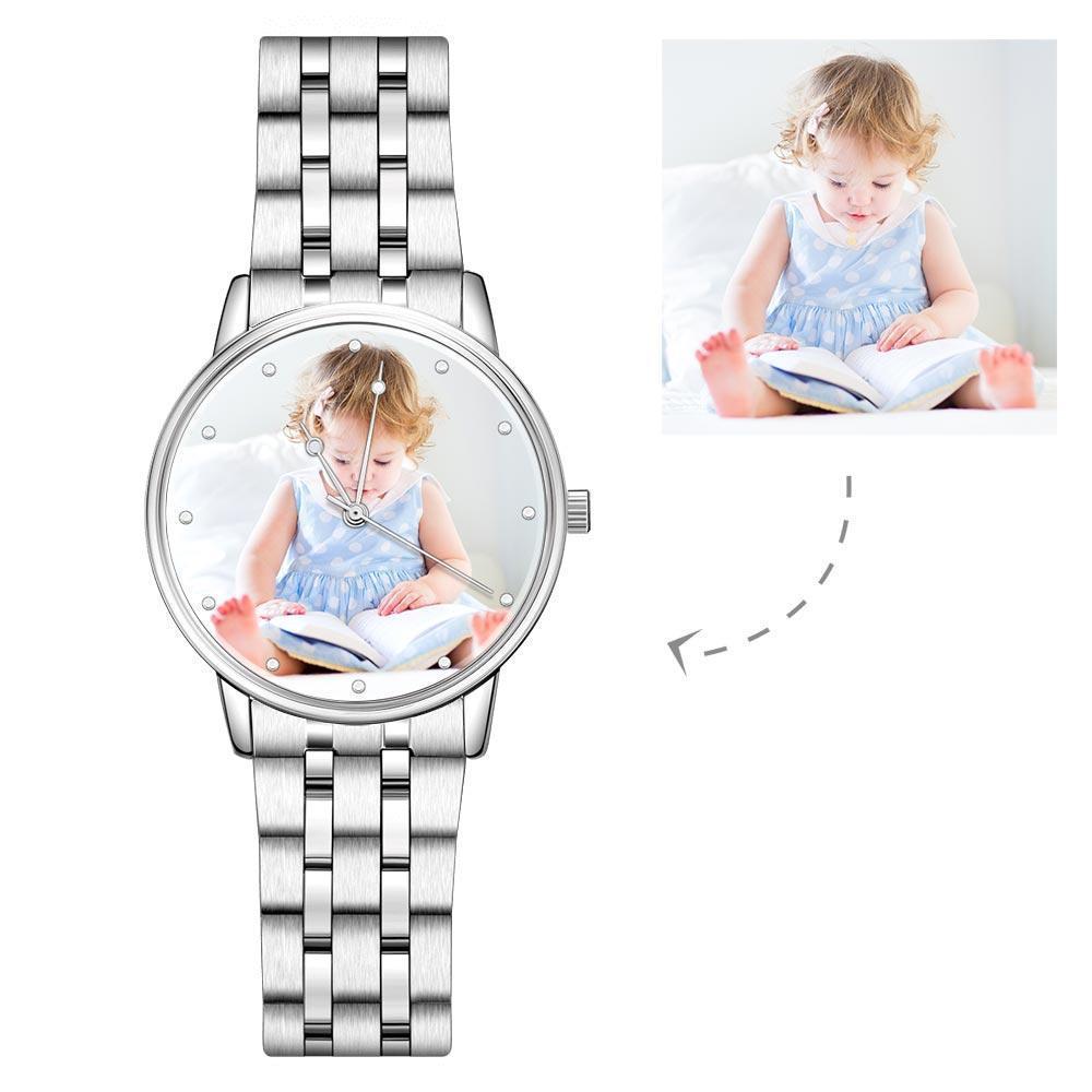 Cadeaux Pour La Fête Des Pères Gravable Montre Photo Unisexe Avec Bracelet D'alliage 40mm