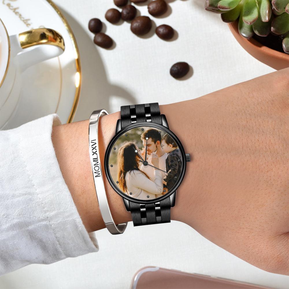 Montre Photo Gravable Pour Homme Bracelet D'alliage Noir