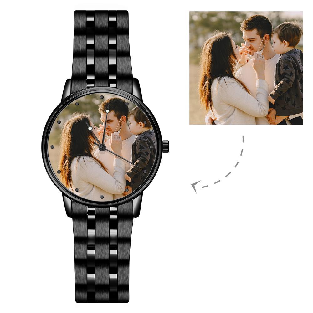 Montre Photo Gravable Pour Homme Bracelet D'alliage Noir
